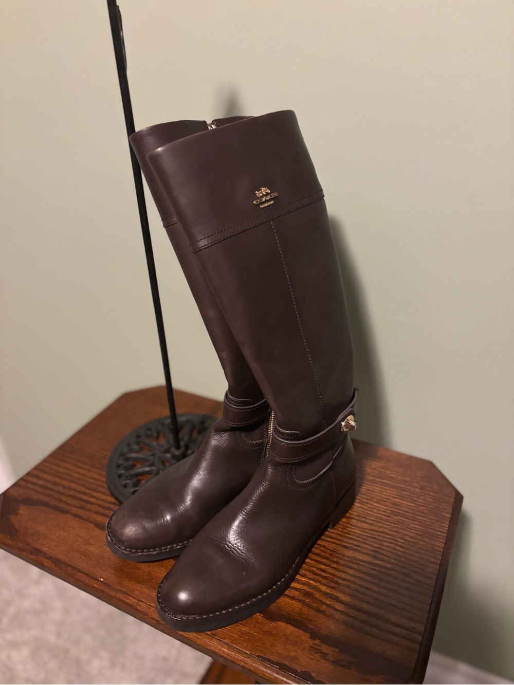 Coach Tall Leather Riding Boots in Dark Brown with Gold Accent